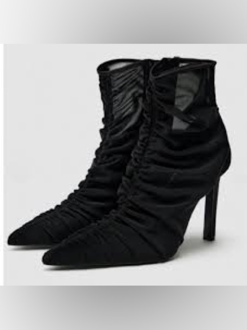 Zara Black Ruched sheer mesh Pointed toe Ankle Booties 38